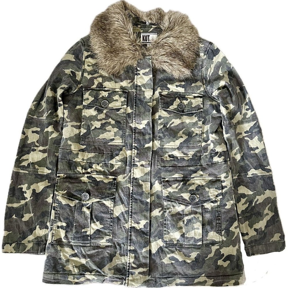Kut From The Kloth Womens Parka Sz L Light weight Sherpa Lined Camo Synch Waist